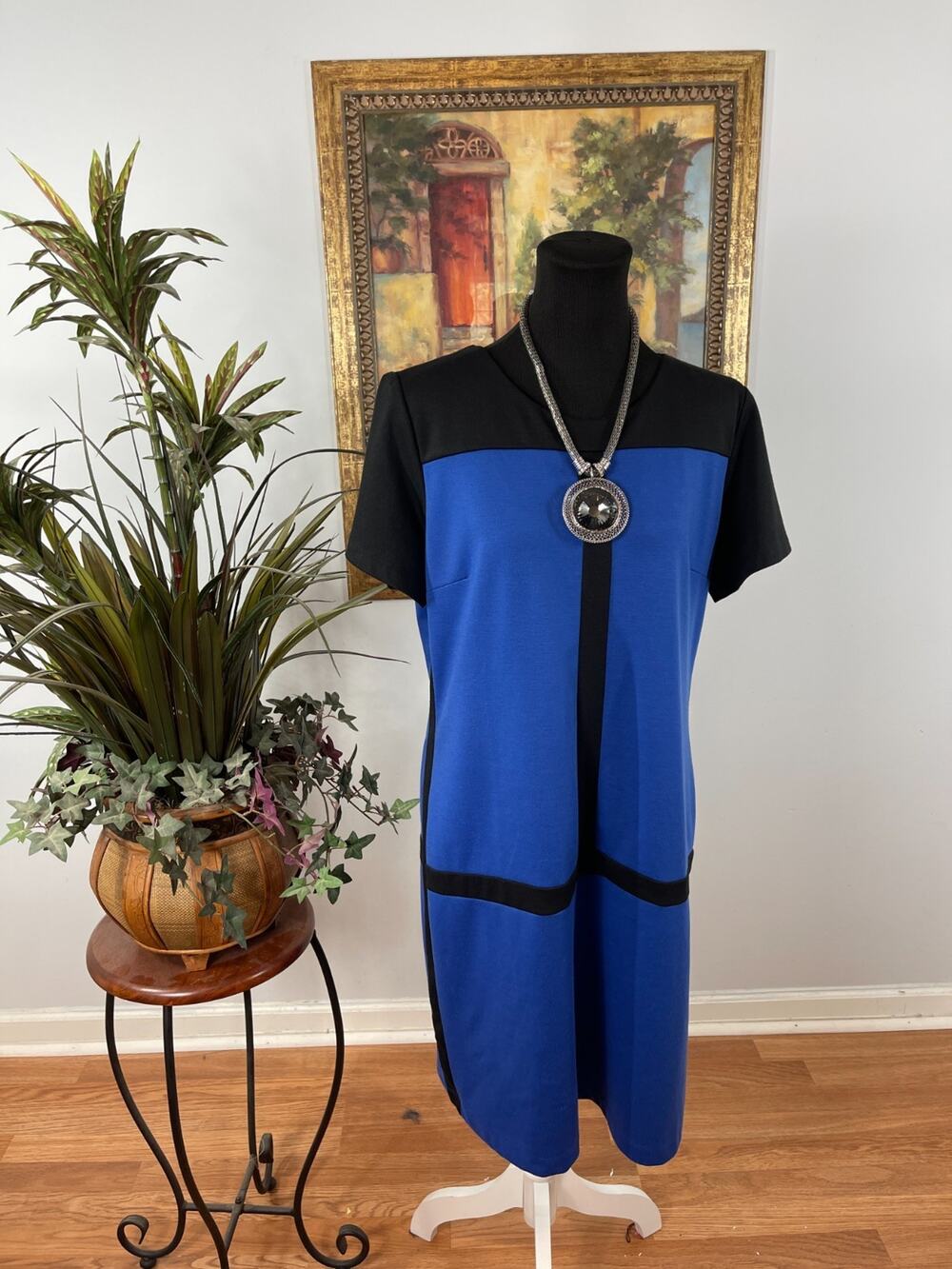 MSK Sheath Dress 14 Women' Blue Black Colorblock Minimalist Corporate Futuristic